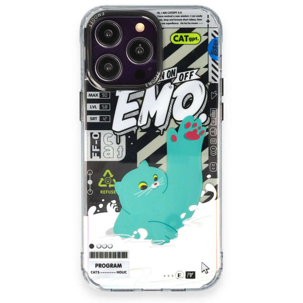 EMO OFF Cat Serisi Yeşil iPhone 14 Pro 3D Kılıf