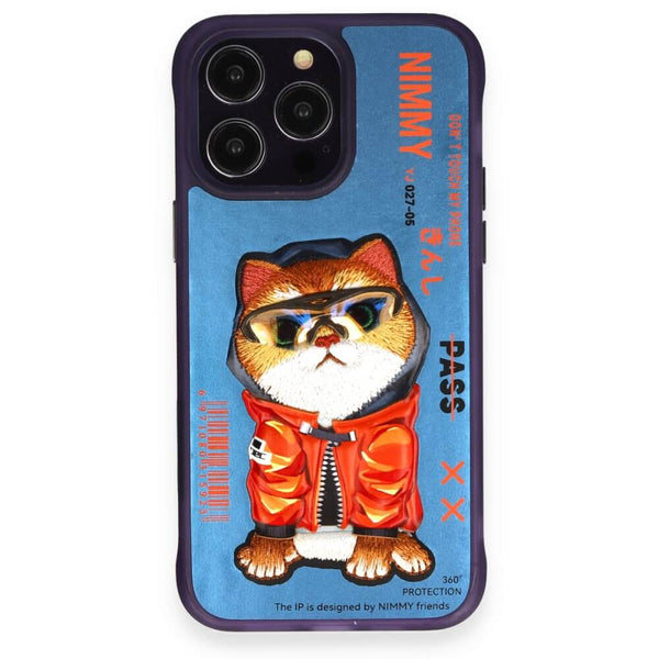 Nimmy Cat Nakış İşlemeli iPhone 14 Pro Max Mavi Kılıf