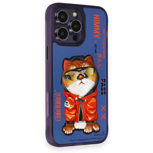 Nimmy Cat Nakış İşlemeli iPhone 14 Pro Max Mavi Kılıf