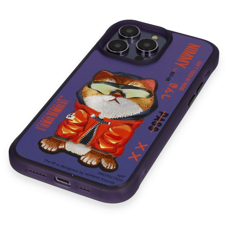 Nimmy Cat Nakış İşlemeli iPhone 15 Pro Max Mavi Kılıf