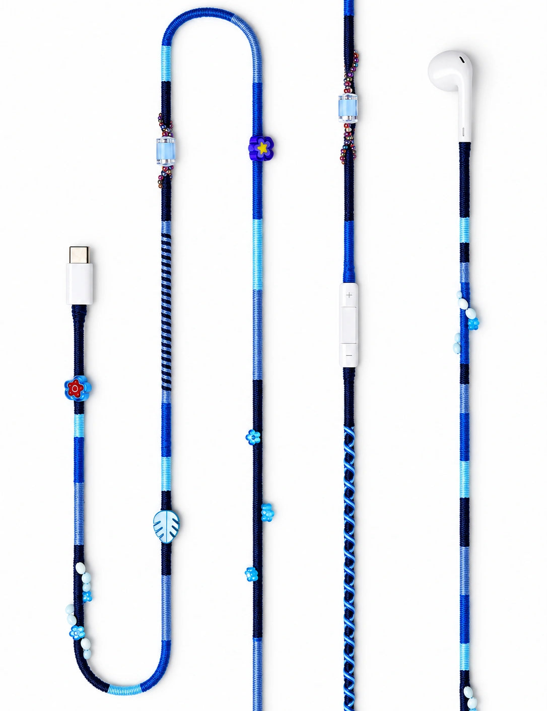 Aegean Boncuklu USB-C Konektörlü Kulaklık — lacivert ve mavi tonlarında el yapımı örgü kablolu Apple USB-C kulaklık, yaprak ve çiçek boncuklar