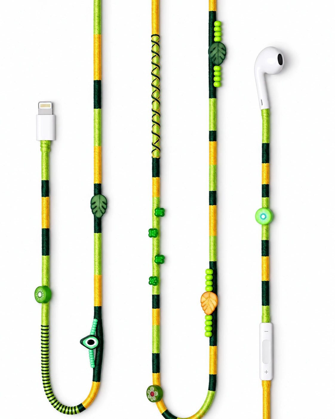 Botanica Boncuklu Lightning Kulaklık — fıstık yeşili, orman yeşili ve sarı el yapımı örgü kablolu Apple Lightning kulaklık, kivi, yaprak ve nazar boncukları