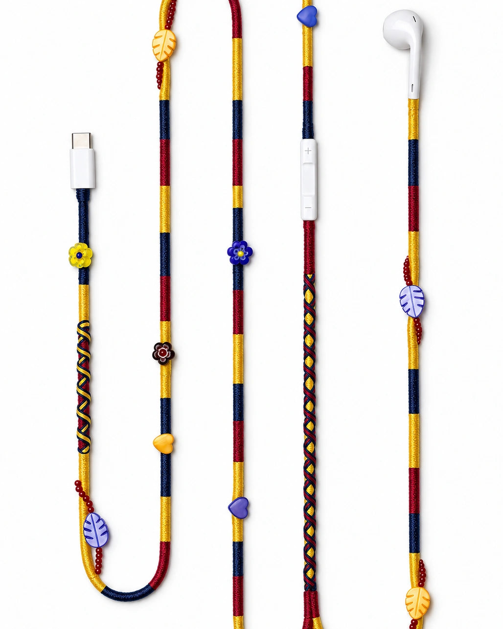 Carnival Boncuklu USB-C Konektörlü Kulaklık — el yapımı sarı, lacivert ve bordo örgü kablolu Apple USB-C kulaklık, çiçek, kalp ve monstera yaprağı boncuklar