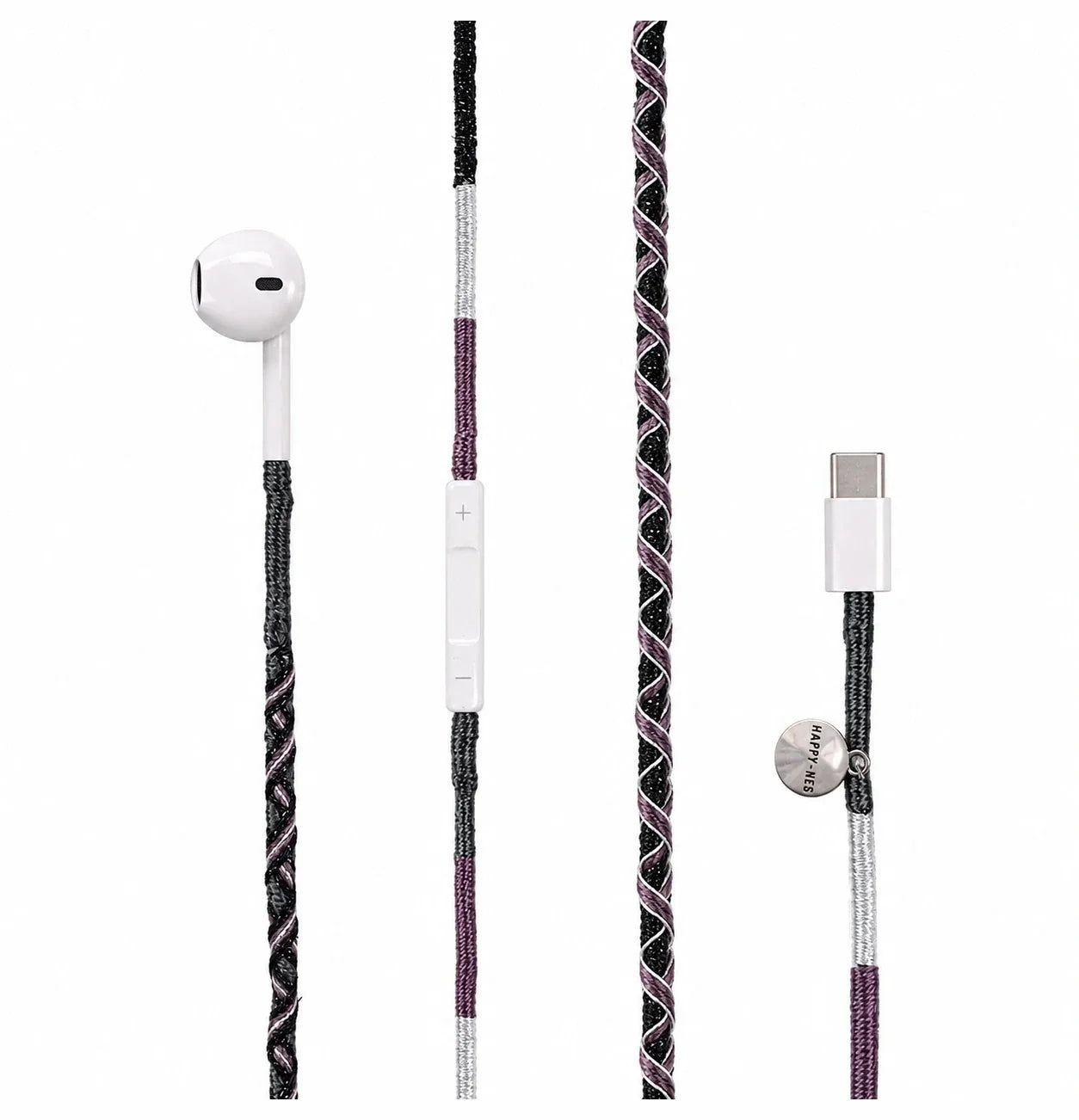 Shiny Luna USB-C Konektörlü Kulaklık — el yapımı siyah gümüş örgü kablolu Apple USB-C kulaklık