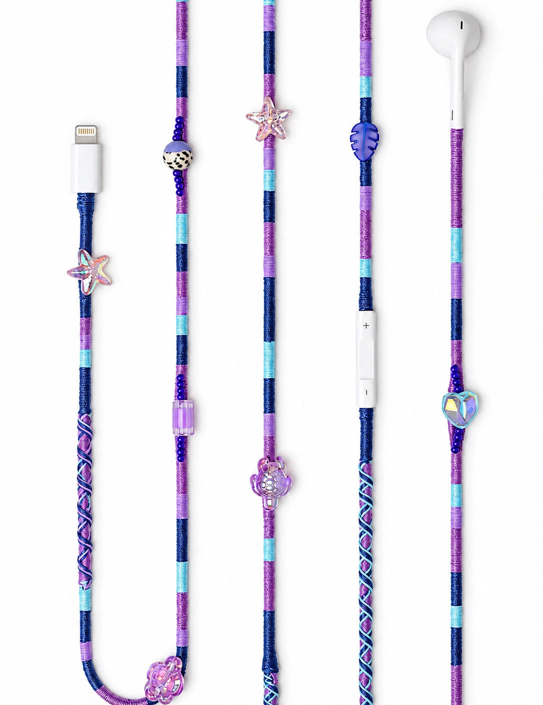 Mermaid Boncuklu Lightning Kulaklık — mor, lacivert ve gök mavisi el yapımı örgü kablolu Apple Lightning kulaklık, deniz yıldızı, kaplumbağa ve kalp boncuklar