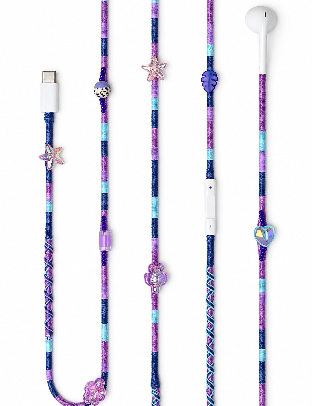 Mermaid Boncuklu USB-C Konektörlü Kulaklık — mor, lacivert ve gök mavisi el yapımı örgü kablolu Apple USB-C kulaklık, deniz yıldızı, kaplumbağa ve kalp boncuklar