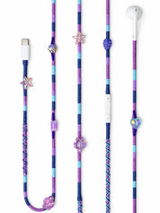 Mermaid Boncuklu USB-C Konektörlü Kulaklık — mor, lacivert ve gök mavisi el yapımı örgü kablolu Apple USB-C kulaklık, deniz yıldızı, kaplumbağa ve kalp boncuklar