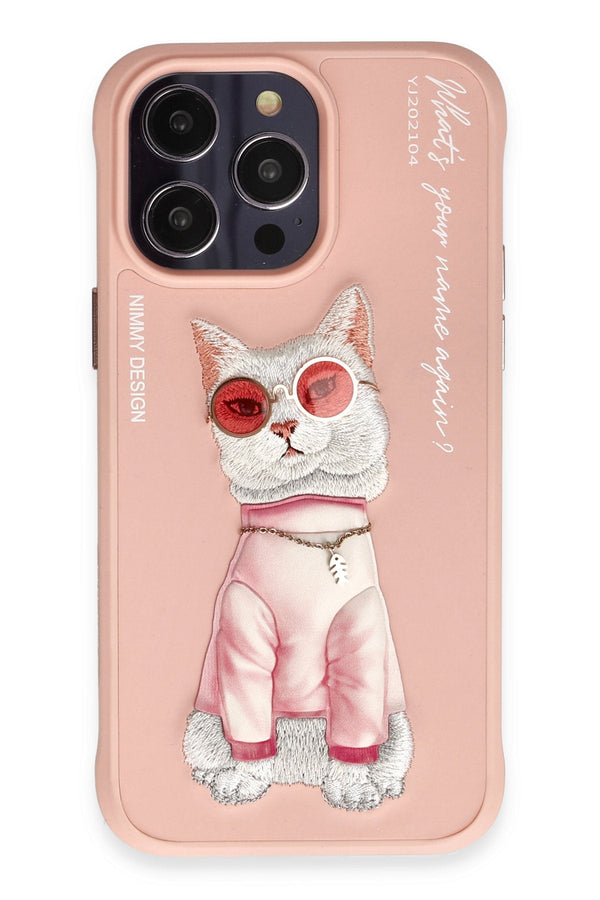 Nimmy Cat Nakış İşlemeli iPhone 15 Pro Max Pembe Kılıf