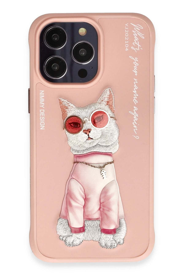 Nimmy Cat Nakış İşlemeli iPhone 15 Pro Pembe Kılıf