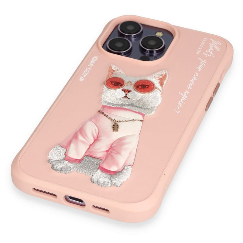 Nimmy Cat Nakış İşlemeli iPhone 15 Pro Pembe Kılıf