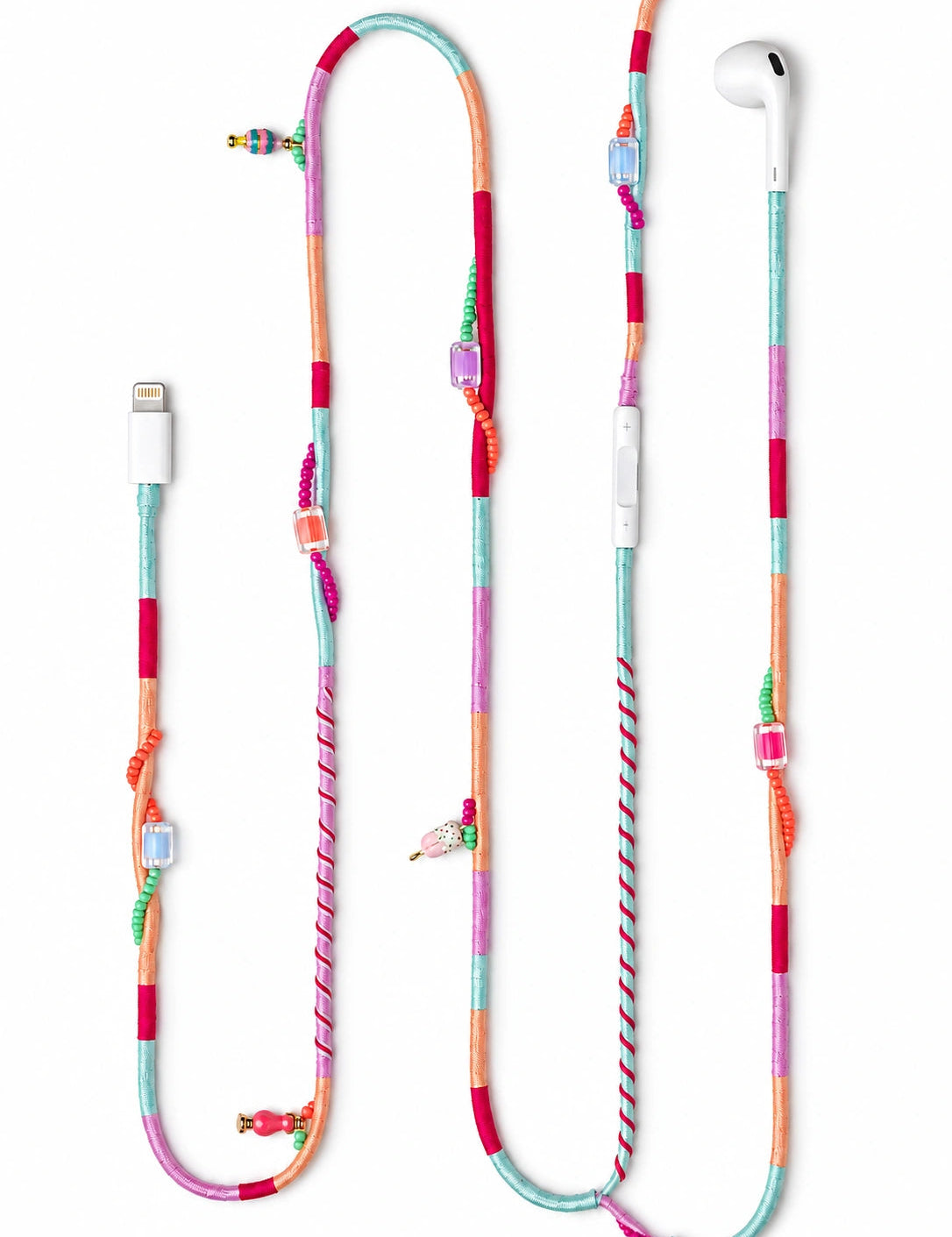 Sorbet Boncuklu Lightning Kulaklık — mint, şeftali, lila ve fuşya el yapımı örgü kablolu Apple Lightning kulaklık, küp boncuklar ve dondurma süsü