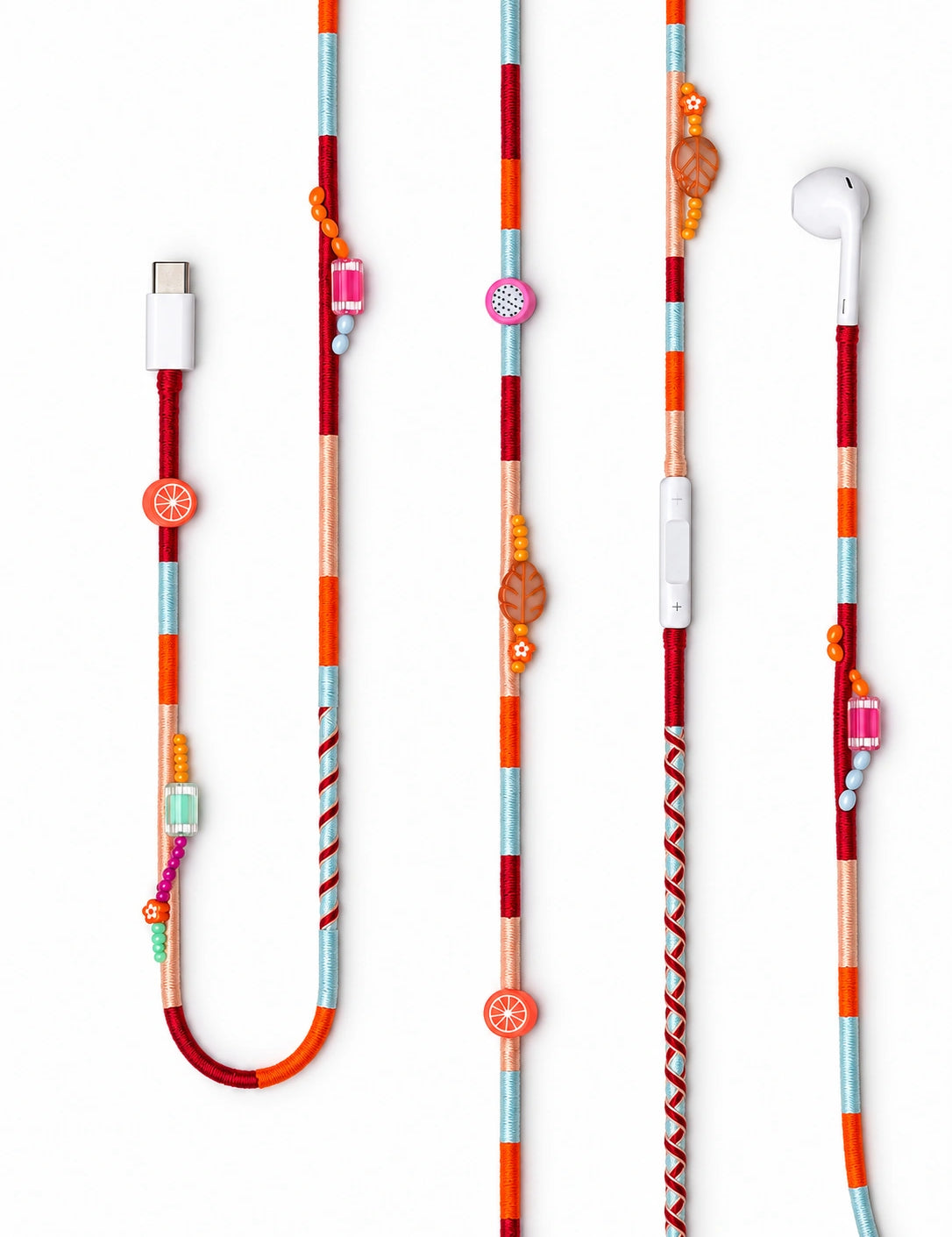 Valencia Boncuklu USB-C Konektörlü Kulaklık — kırmızı, turuncu, şeftali ve buz mavisi el yapımı örgü kablolu Apple USB-C kulaklık, portakal dilimi, ejder meyvesi ve yaprak boncuklar