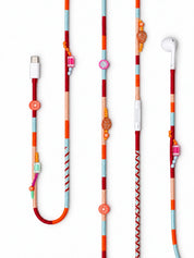 Valencia Boncuklu USB-C Konektörlü Kulaklık — kırmızı, turuncu, şeftali ve buz mavisi el yapımı örgü kablolu Apple USB-C kulaklık, portakal dilimi, ejder meyvesi ve yaprak boncuklar